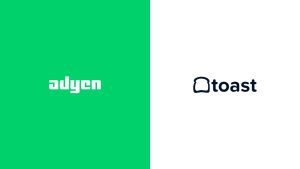 Adyen logo on a green background and toast logo on a white background side by side.
