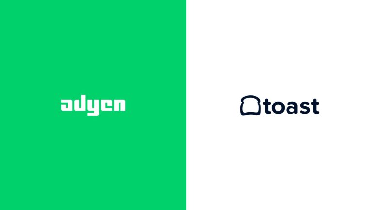 Adyen logo on a green background and toast logo on a white background side by side.