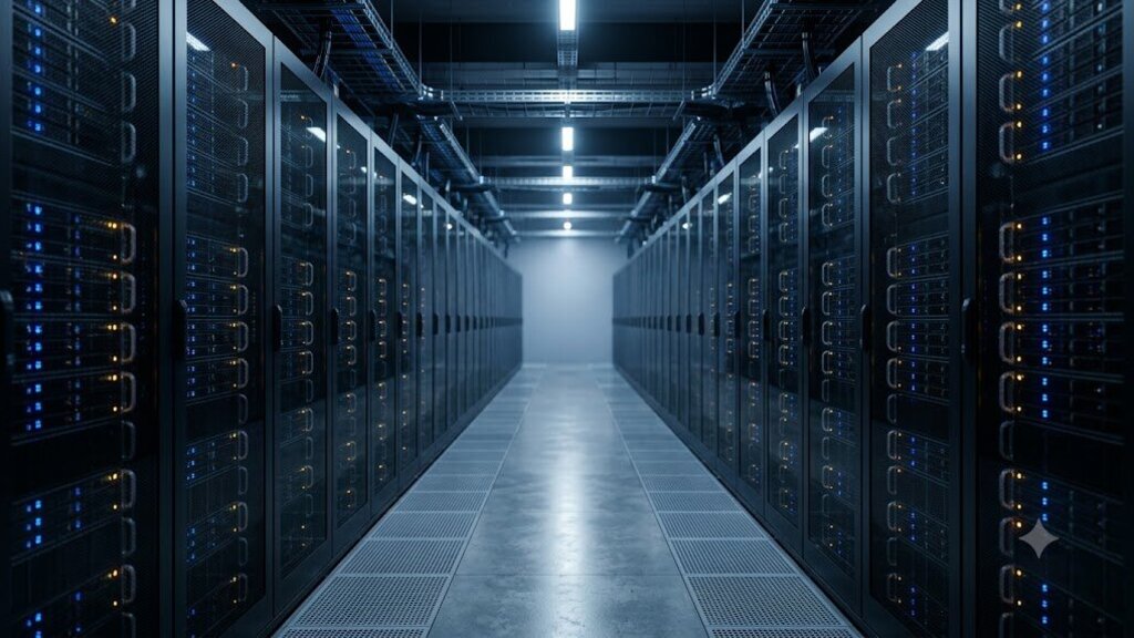 Realistic photography: a modern AI data center corridor with GPU server racks on both sides, blue and amber status LEDs, cool blue-tinted deep perspective composition