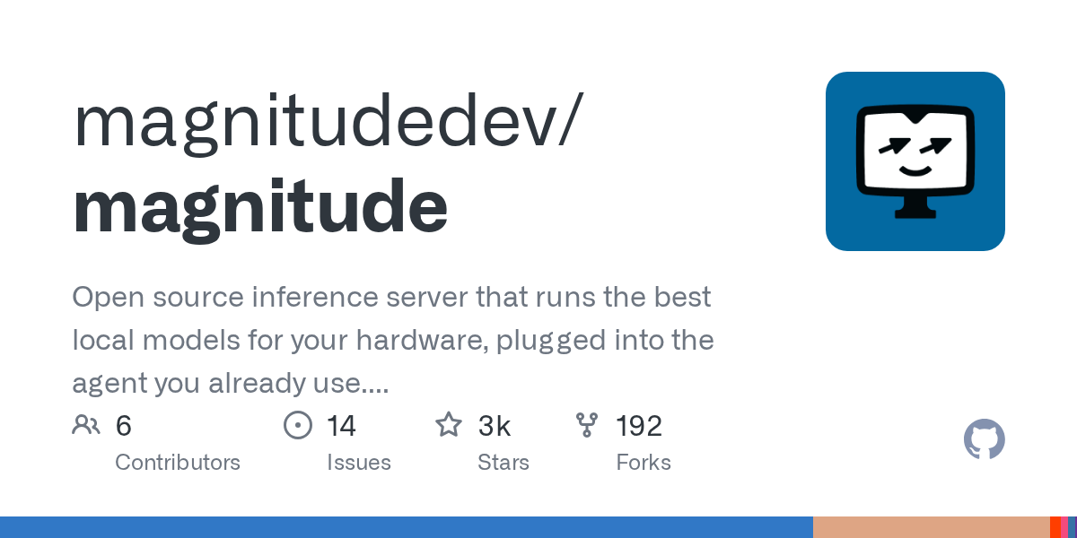 magnitudedev/magnitude: Open source inference server that runs the best local models for your hardware, plugged into the agent you already use. Works with Pi, OpenCode, Hermes, OpenClaw, Codex, Claude Code, Oh My Pi, and Cline. · GitHub